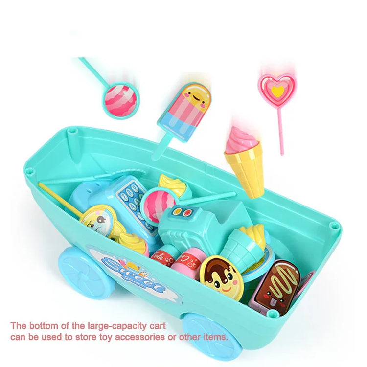 Aqua blue toy cart filled with colorful plastic ice cream and dessert toys.
