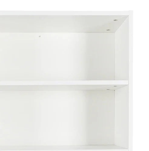 Minimalist white shelving unit with clean, modern lines and two spacious shelves