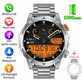 Stainless steel smartwatch with digital display, health tracking, and sports modes