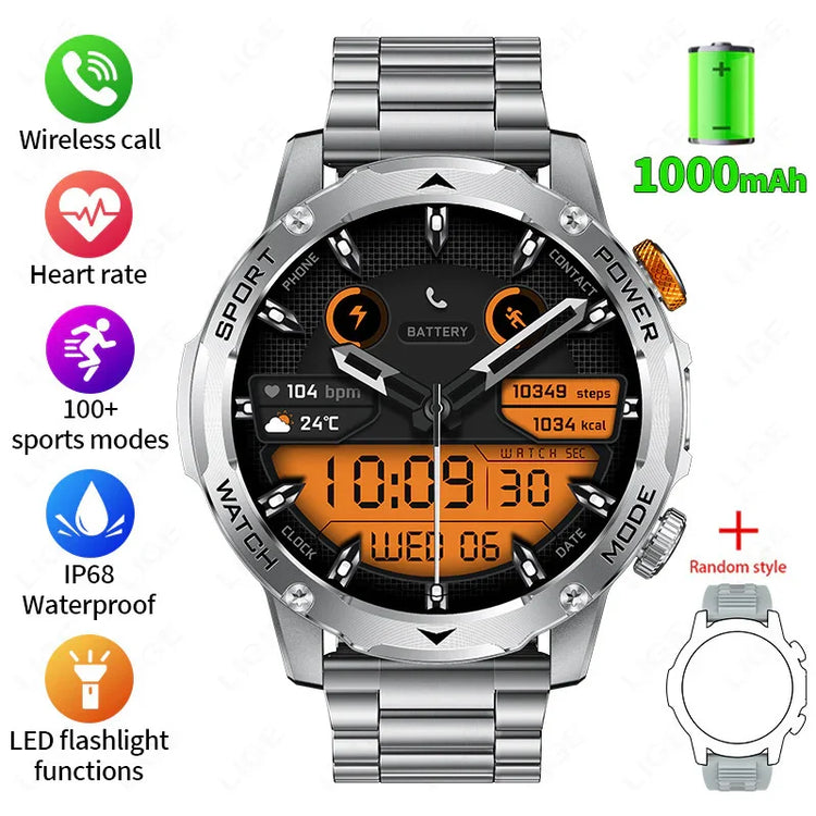 Stainless steel smartwatch with digital display, health tracking, and sports modes
