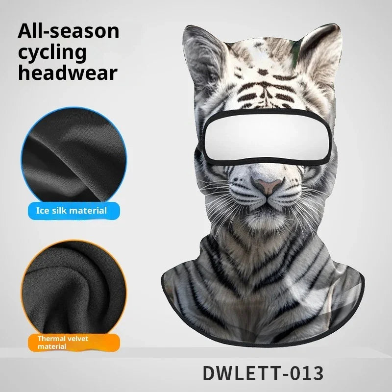 White tiger print balaclava with ice silk and thermal velvet materials, all-season cycling headwear.