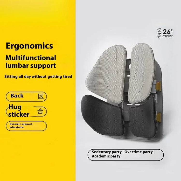Ergonomic adjustable lumbar support cushion with grey and black breathable fabric, designed for back comfort.