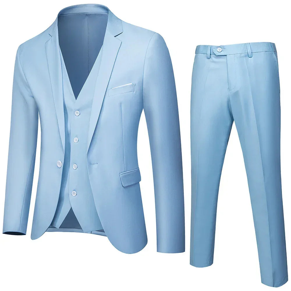 Light blue slim fit suit with blazer, vest, and trousers, tailored modern style.