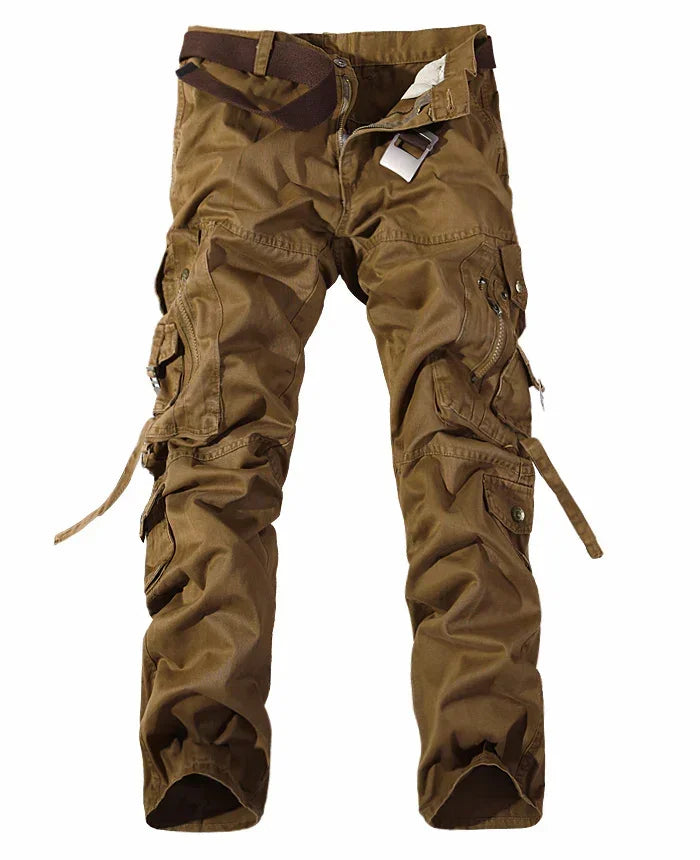 Brown cotton cargo pants with multiple pockets and relaxed fit
