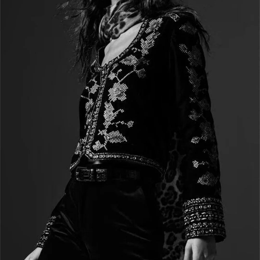 Black velvet jacket with intricate silver embroidery, relaxed fit, animal print scarf