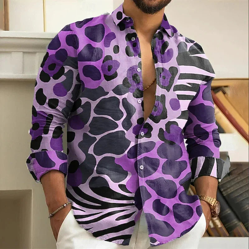 Men’s long sleeve button-up shirt with bold purple and black animal print, slim fit