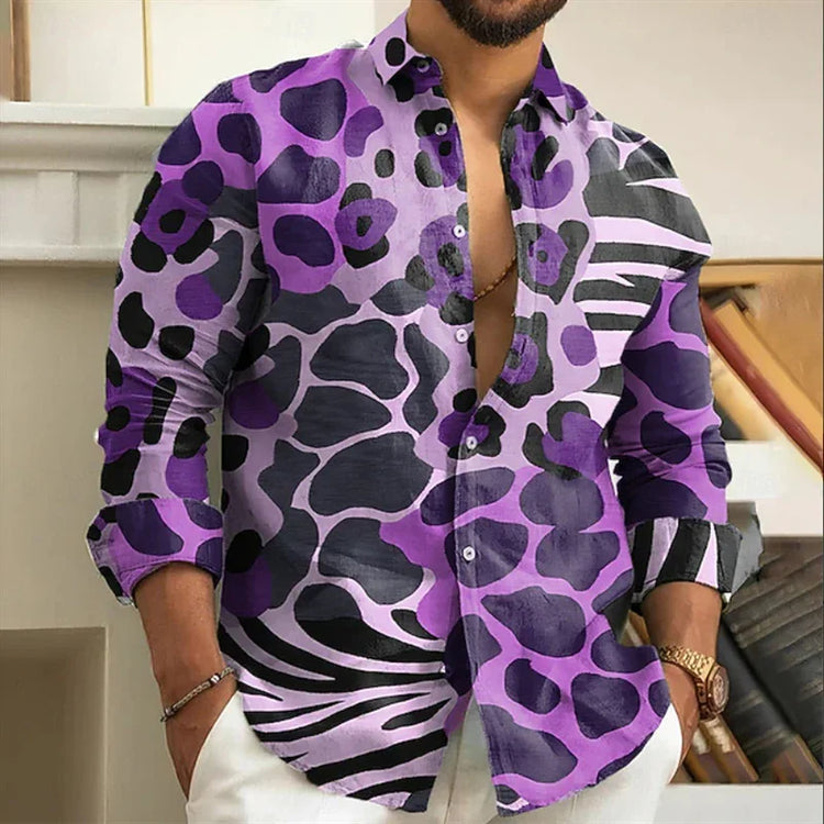Men’s long sleeve button-up shirt with bold purple and black animal print, slim fit