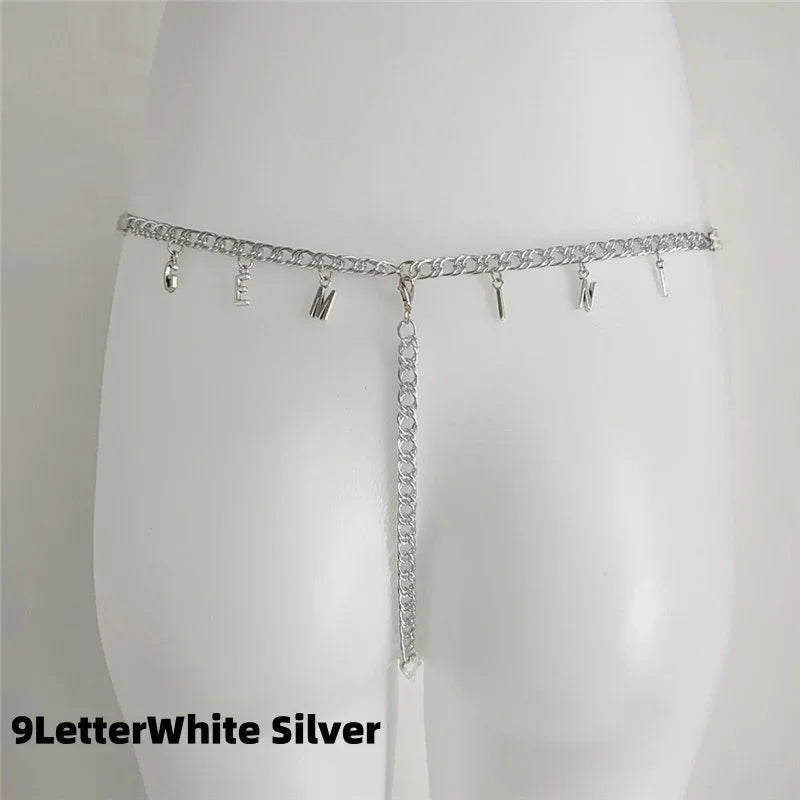 Silver chain waist belt with letter charms, minimalist metal statement accessory, adjustable fit