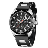 Black and silver chronograph watch with rubber strap and metallic accents, modern design