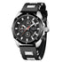 Black and silver chronograph watch with rubber strap and metallic accents, modern design