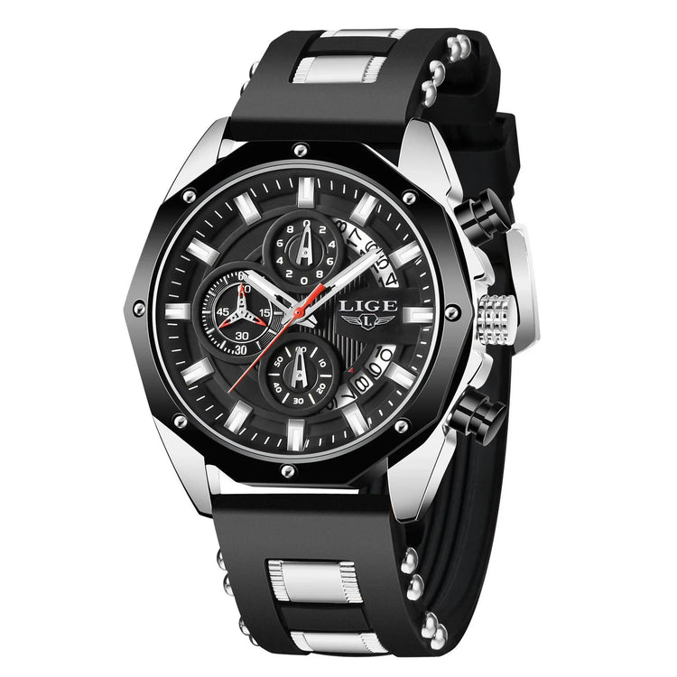 Black and silver chronograph watch with rubber strap and metallic accents, modern design