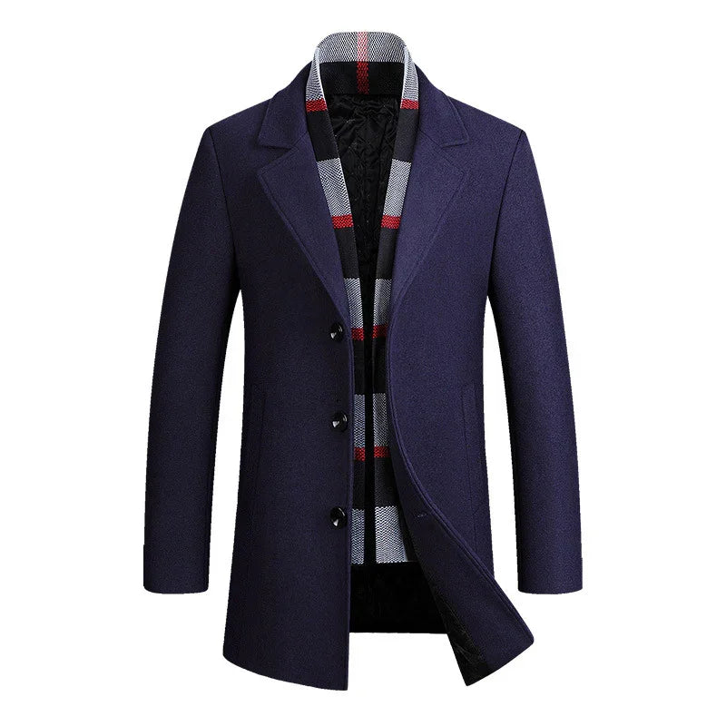 Men’s navy wool coat with tailored fit and plaid scarf, classic streetwear style