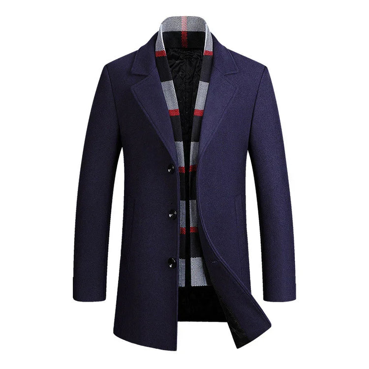 Men’s navy wool coat with tailored fit and plaid scarf, classic streetwear style