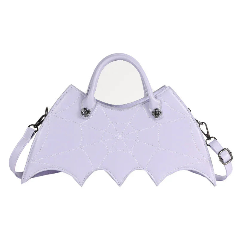 Lilac bat wing-shaped handbag with spiderweb stitching, faux leather, detachable strap