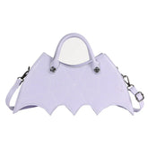 Lilac bat wing-shaped handbag with spiderweb stitching, faux leather, detachable strap
