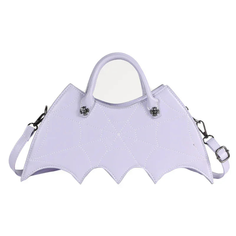 Lilac bat wing-shaped handbag with spiderweb stitching, faux leather, detachable strap