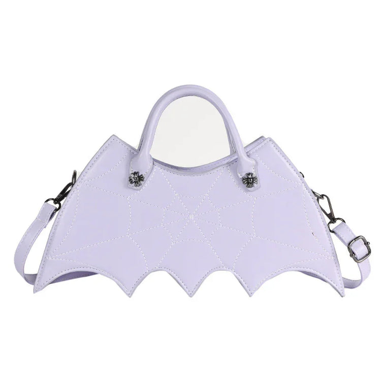 Lilac bat wing-shaped handbag with spiderweb stitching, faux leather, detachable strap