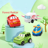 Cartoon toy vehicles including red car, green SUV, airplane, and blue train on pastel display.