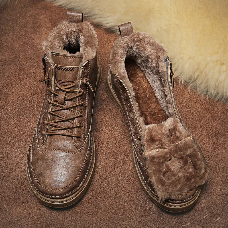 Brown faux leather winter boots with plush fur lining and side zipper, shown on carpet