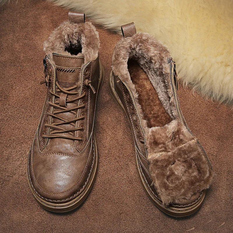 Brown faux leather winter boots with plush fur lining and side zipper, shown on carpet