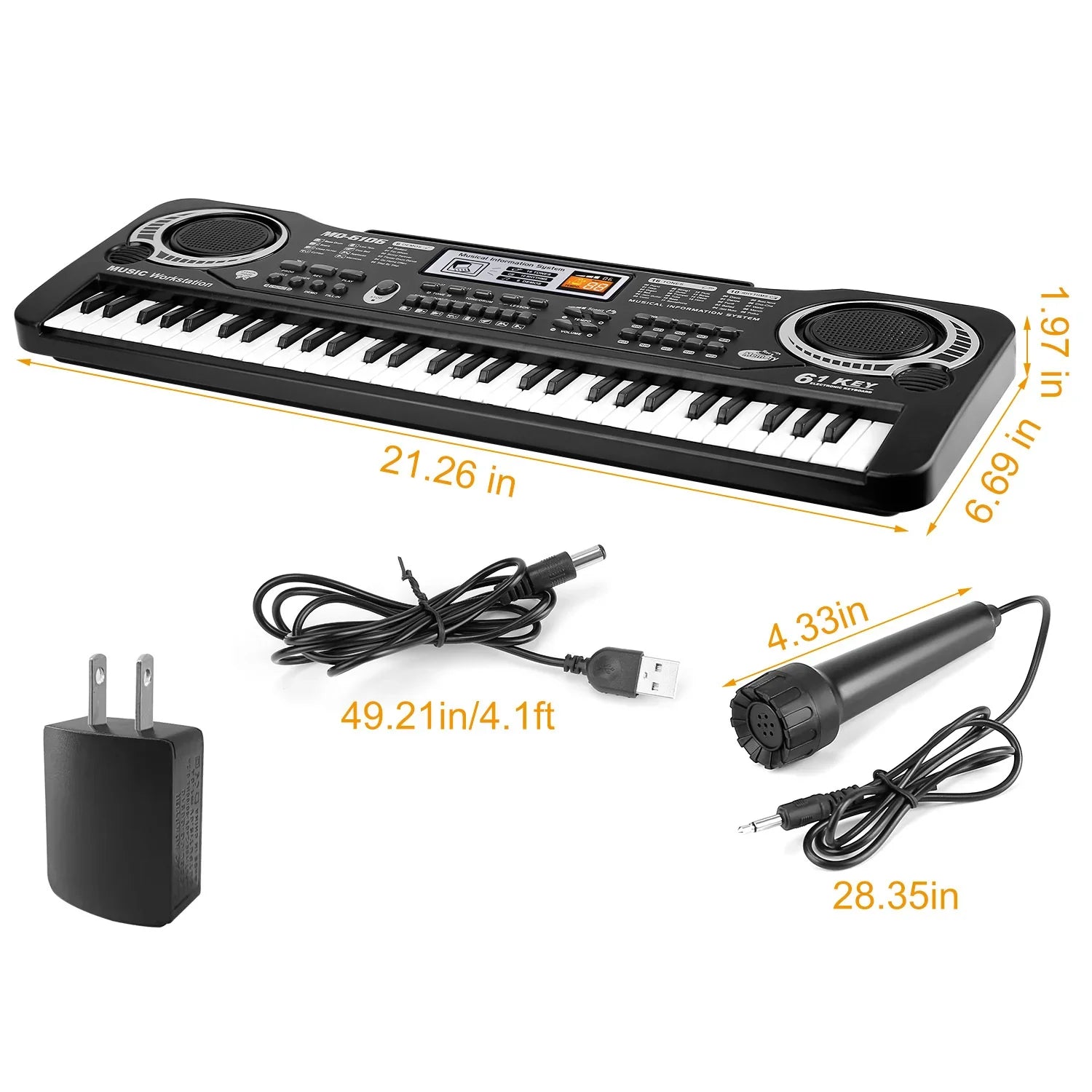 Black 61-key digital keyboard with microphone, power adapter, and USB cable, shown with dimensions.