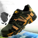 Green and yellow camouflage sneaker with rugged sole and breathable mesh upper, outdoor style