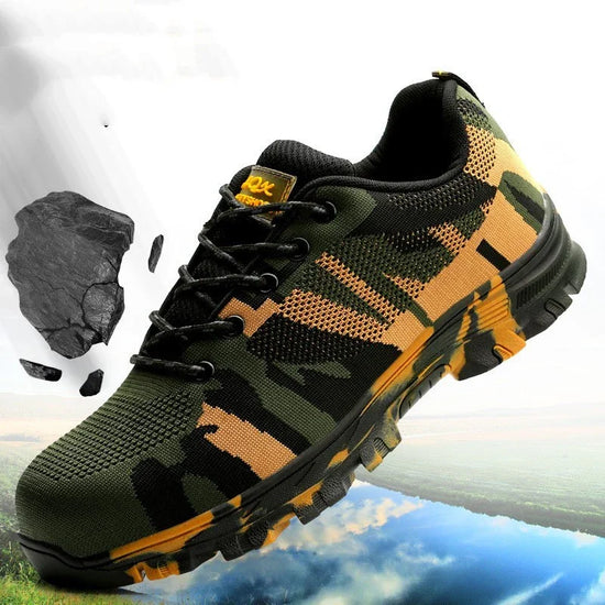 Green and yellow camouflage sneaker with rugged sole and breathable mesh upper, outdoor style