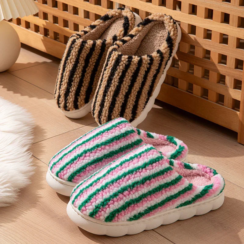 Cozy striped fuzzy slippers in pink-green and brown-black colors, plush material, slip-on style