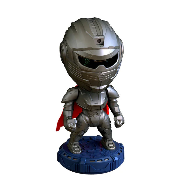 Silver futuristic armored figure with red cape and black visor, standing on a blue base