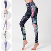 Woman wearing high-waisted, fitted leggings with bold multicolor abstract print on smooth fabric.