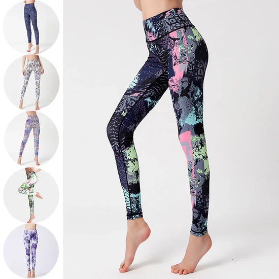 Woman wearing high-waisted, fitted leggings with bold multicolor abstract print on smooth fabric.