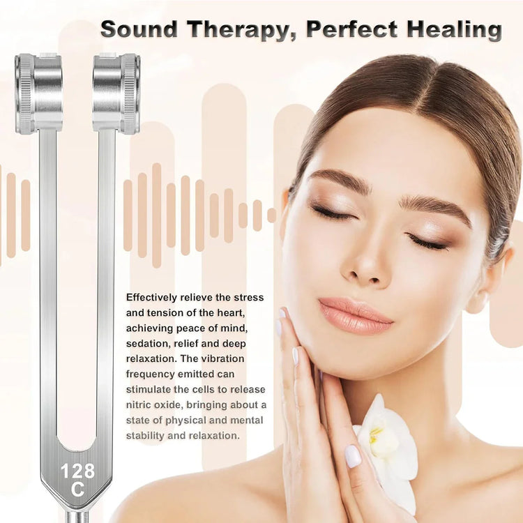 Woman in beige top with smooth, fitted fabric enjoying sound therapy relaxation, minimal background.