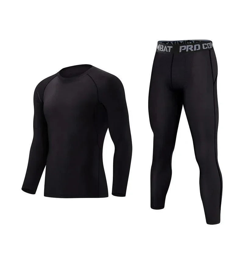 Black long sleeve compression shirt and leggings set, slim fit, stretch material