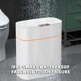 White waterproof smart trash can in bathroom, modern oval design, water-resistant material