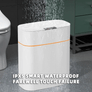 White waterproof smart trash can in bathroom, modern oval design, water-resistant material
