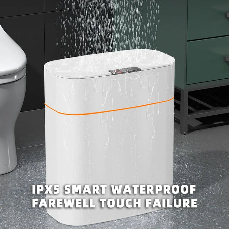 White waterproof smart trash can in bathroom, modern oval design, water-resistant material
