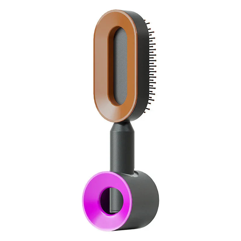 Modern electric hair brush in black and brown with purple accent, sleek and ergonomic design