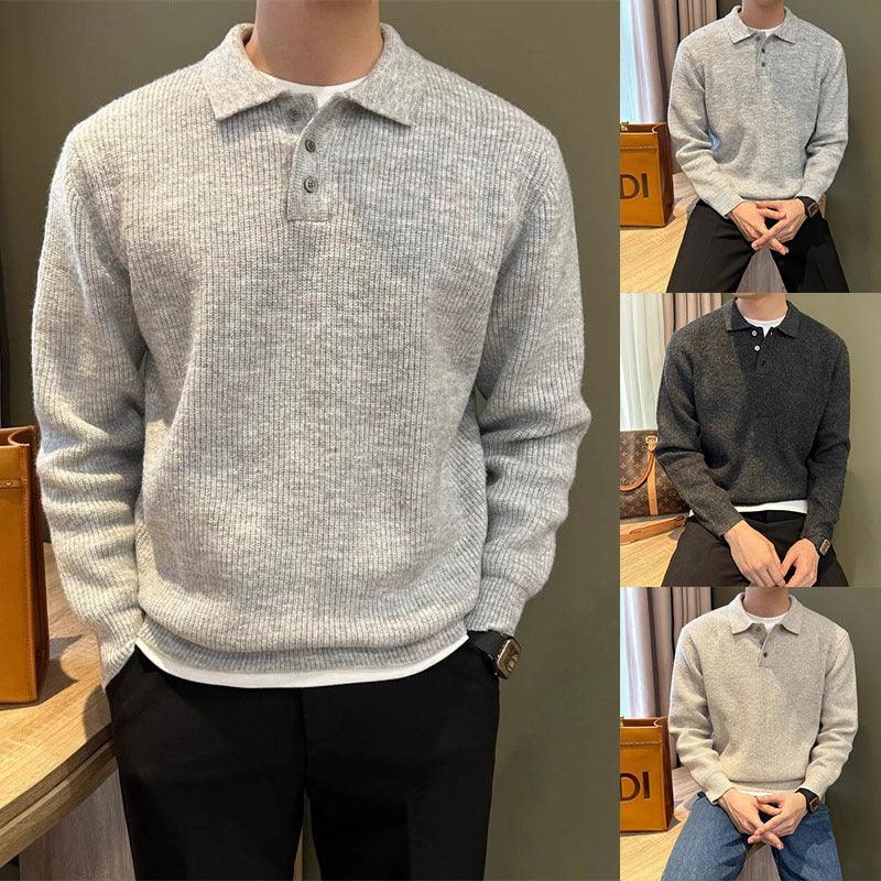 Men's ribbed knit long sleeve polo sweaters in grey and black, relaxed fit casual streetwear.