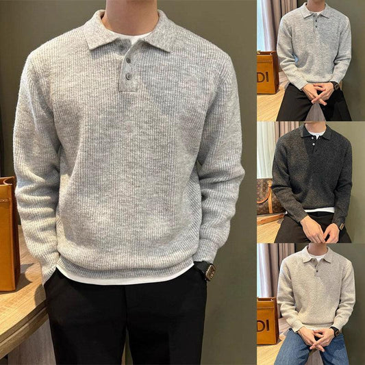 Men's ribbed knit long sleeve polo sweaters in grey and black, relaxed fit casual streetwear.