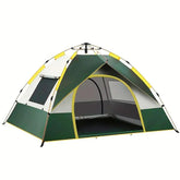 Green and yellow dome tent with mesh windows, waterproof material, spacious fit for camping.