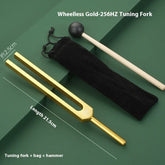 Gold tuning fork set with mallet and black pouch, metallic finish, 256Hz, modern design.
