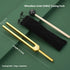 Gold tuning fork set with mallet and black pouch, metallic finish, 256Hz, modern design.