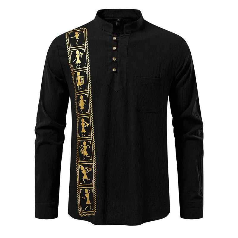 Black long sleeve shirt with gold tribal print, mandarin collar, relaxed fit, button placket.