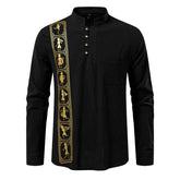 Black long sleeve shirt with gold tribal print, mandarin collar, relaxed fit, button placket.