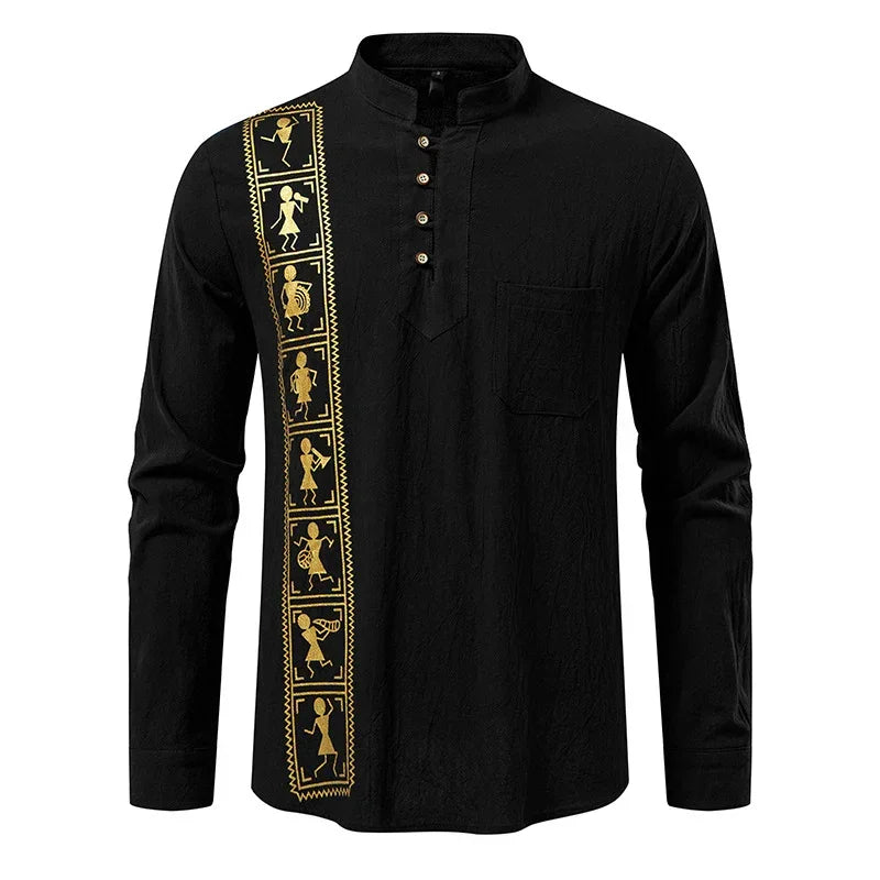 Black long sleeve shirt with gold tribal print, mandarin collar, relaxed fit, button placket.
