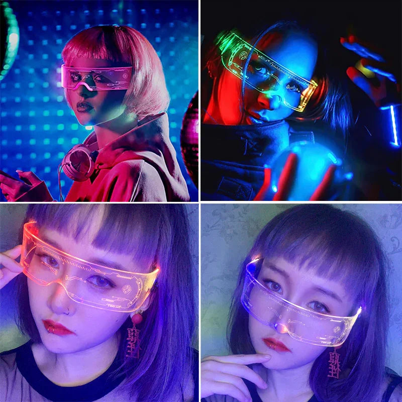 Futuristic LED visor glasses with neon lights, worn with casual streetwear, cyberpunk style