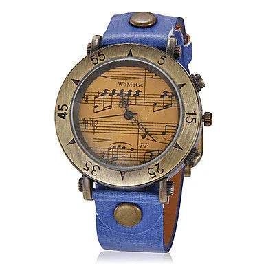 Vintage-style wristwatch with blue leather band and music note dial design