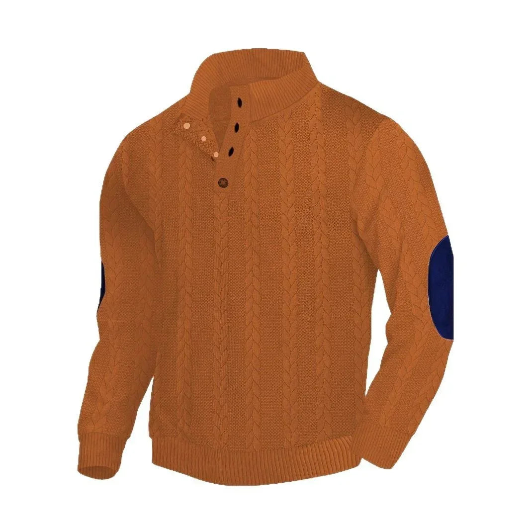 Brown cable knit pullover sweater with high collar, blue elbow patches, and relaxed fit