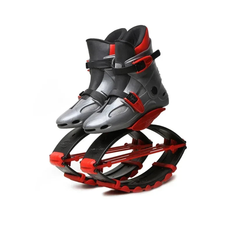 Futuristic gray and red rebound boots with adjustable straps and durable spring soles