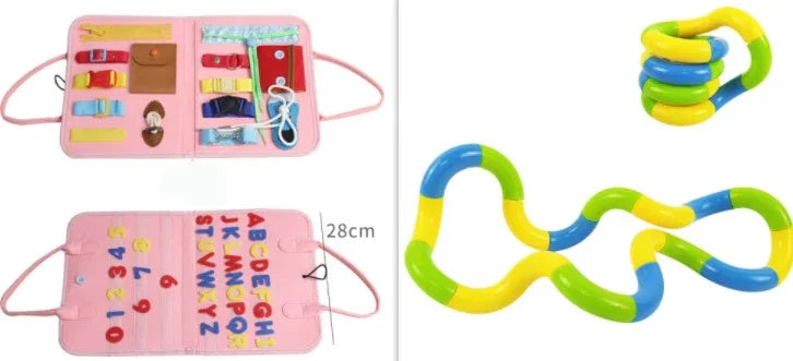 Pink sensory busy board with colorful buckles, zippers, letters, and tangled fidget toy